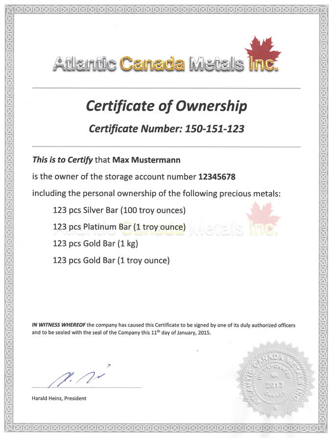 Edelmetallzertifikat der Atlantic Canada Metals Inc.